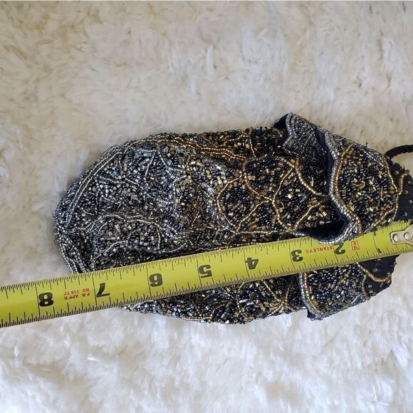 Vintage Black & Golf Beaded Draw String Hand Bag - Picture 2 of 8